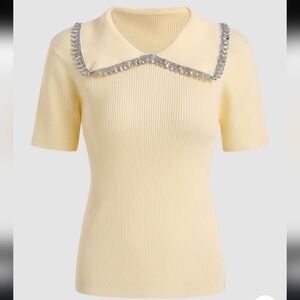 Pastel Yellow Knit Jewel Applique Knit Top, M